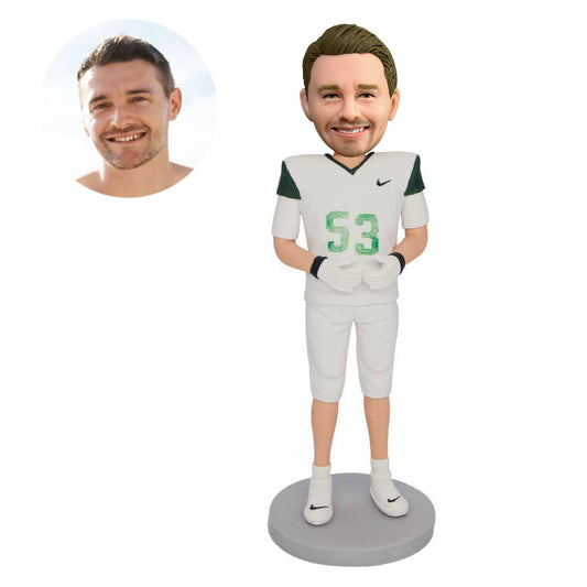 custom male football player bobbleheads in white tracksuit