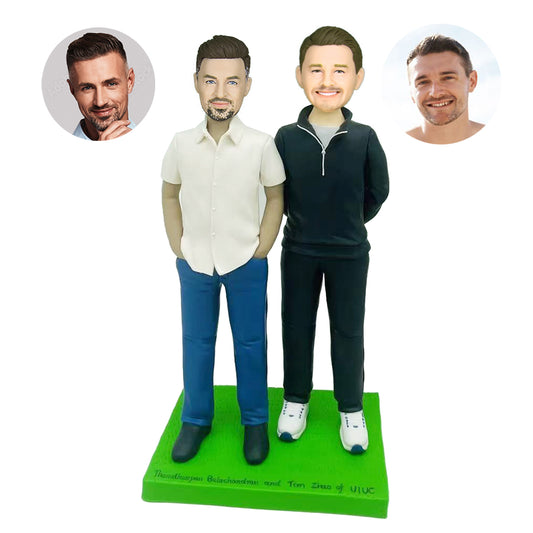 Custom Two Men In Casual Men's Clothing Bobbleheads With Engraved Text