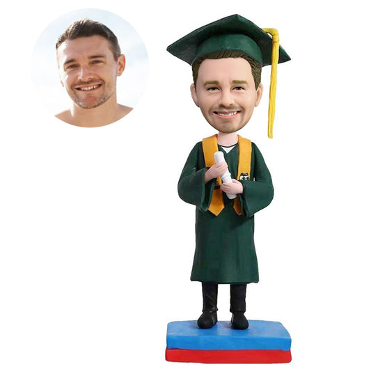 custom happy male graduation bobbleheads in dark green gown