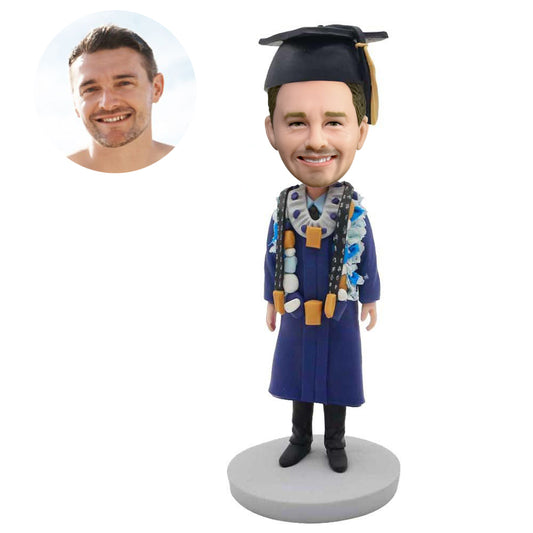 custom happy male graduation bobbleheads in dark blue gown and garland