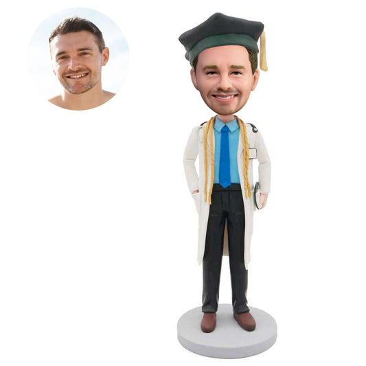 custom male medical doctor graduation bobblehead in white coat