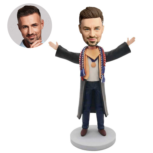 custom male graduation bobbleheads in black gown and open arms