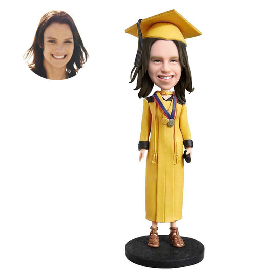 custom smart female graduation bobbleheads in yellow gown