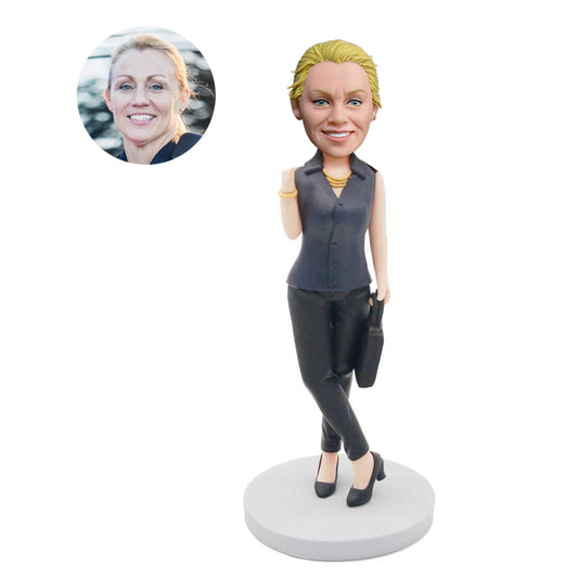 custom female best boss bobbleheads in business attire carrying a briefcase