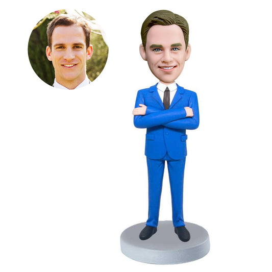 custom male office best boss bobbleheads in blue suit and chest with arms