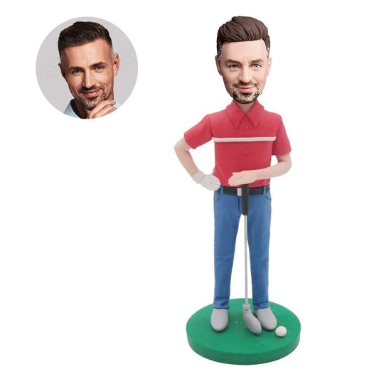 custom male golfer bobbleheads in red tshirt holding golf club