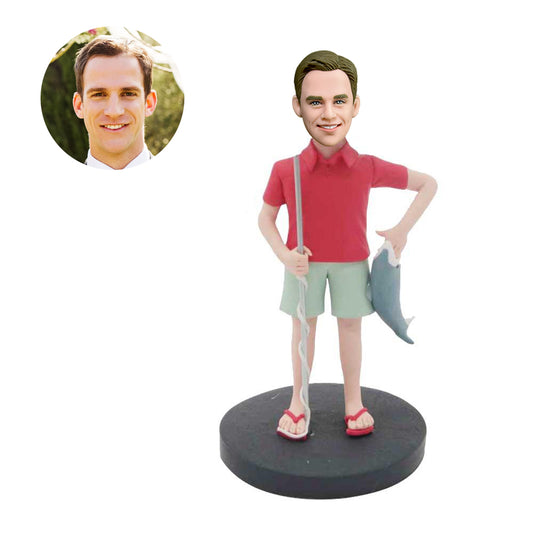 custom fishing male bobbleheads in red tshirt holding rod and fish