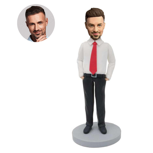 custom male office staff bobbleheads in white shirt and hands in pockets