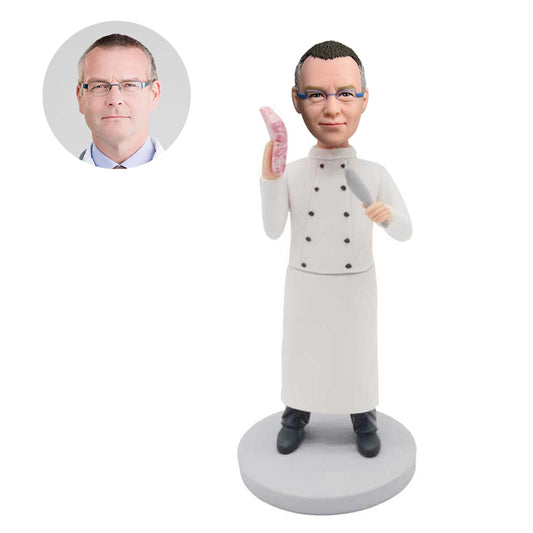 custom professional male cook bobbleheads in chef uniform holding knife and beef