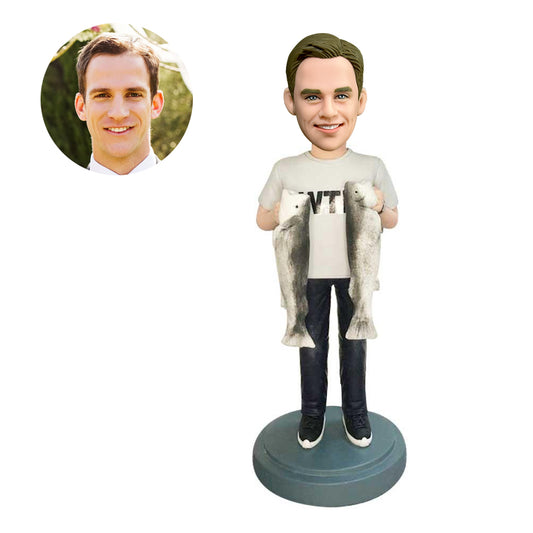 custom male fisherman bobbleheads carrying two fish