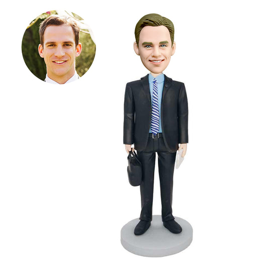 custom male lawyer bobbleheads in black suit carrying a briefcase