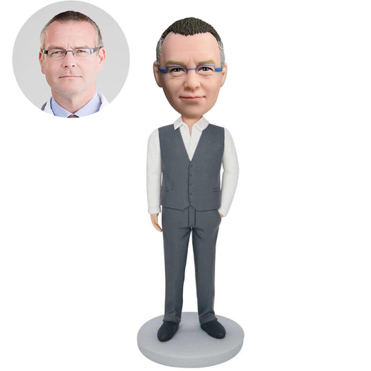 custom male office staff bobbleheads in suit vest