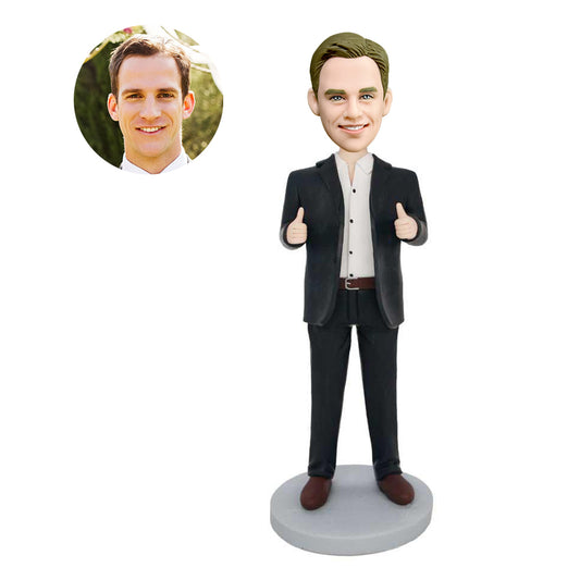 custom male office staff bobbleheads in black suit with thumbs up