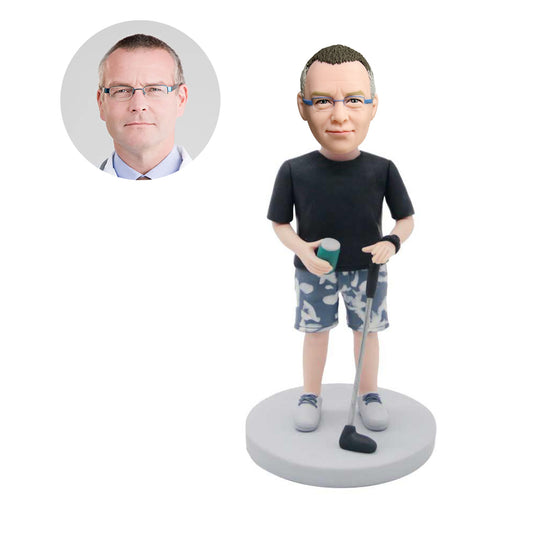 custom male golfer bobbleheads in black tshirt holding a golf club