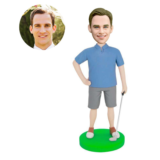 custom male golfer bobbleheads in blue tshirt