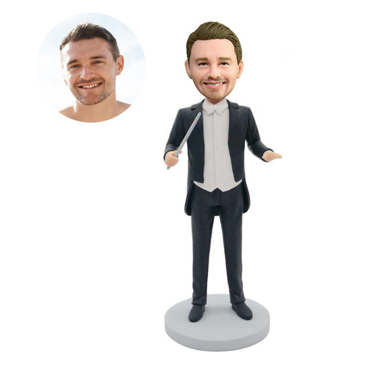 custom professional male music conductor bobbleheads in black tails with baton