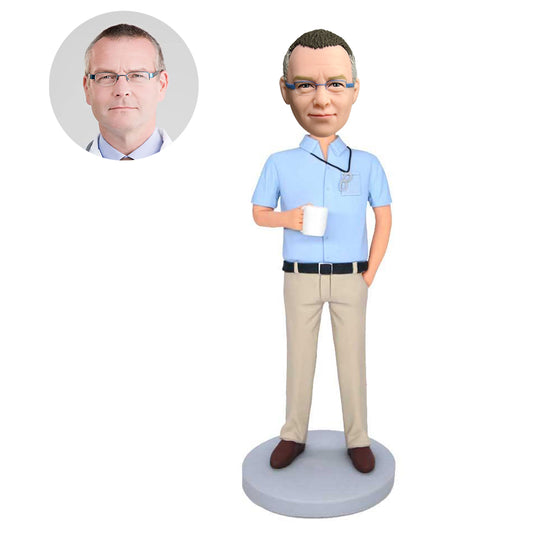 custom male office staff bobbleheads holding a cup of tea