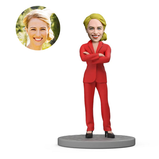 custom beautiful female boss bobbleheads in red suit