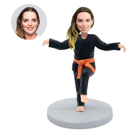 custom female karate bobbleheads in black karate suit