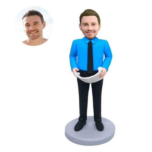 custom male engineer architect bobbleheads with blueprint