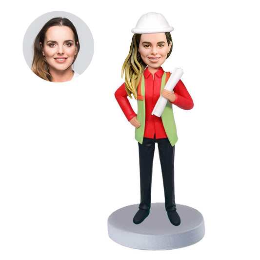 custom professional female engineer bobbleheads holding drawing