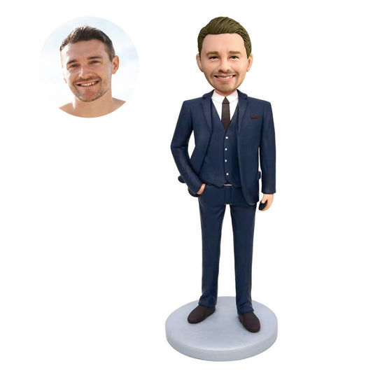 custom handsome male office boss bobbleheads in black suit holding a phone