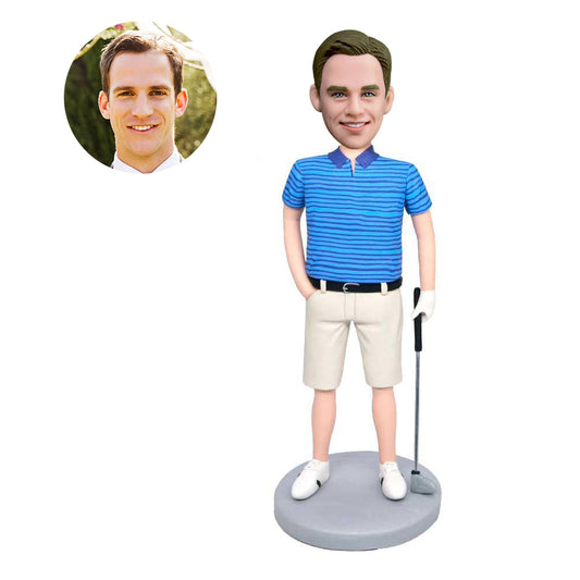 custom happy male golfer bobbleheads in blue striped tshirt