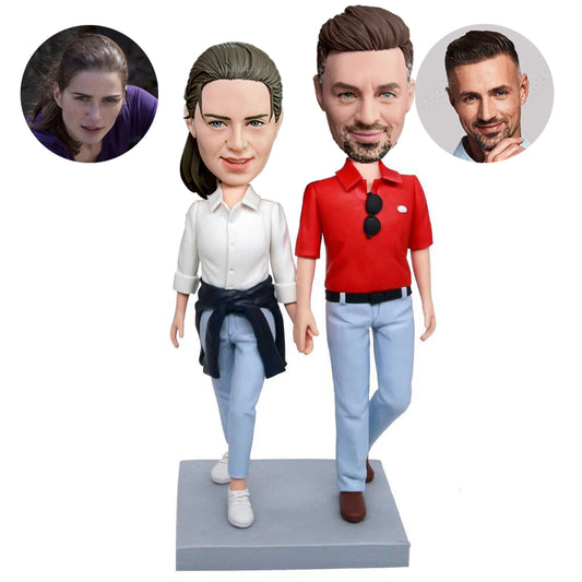 custom happy couple bobbleheads in casual clothes