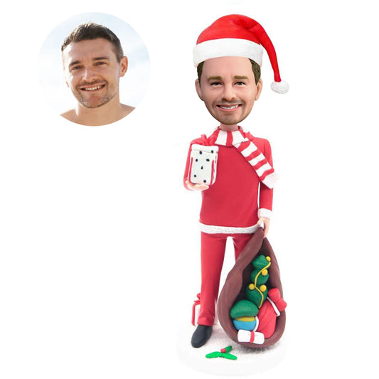 custom male santa’s helper bobbleheads with christmas gifts