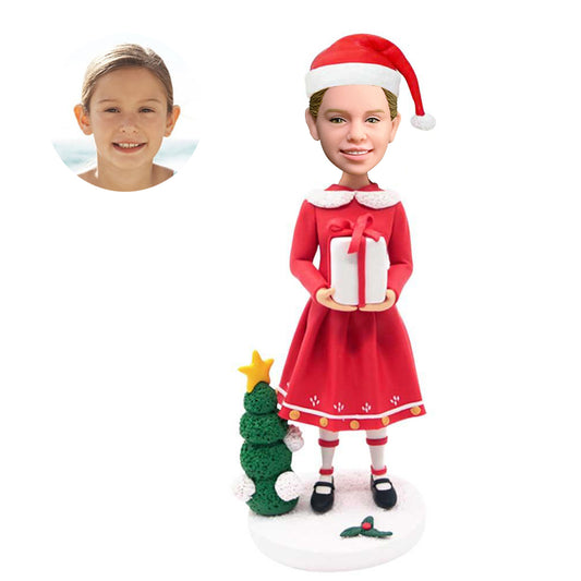 custom female bobbleheads in christmas costume with gift