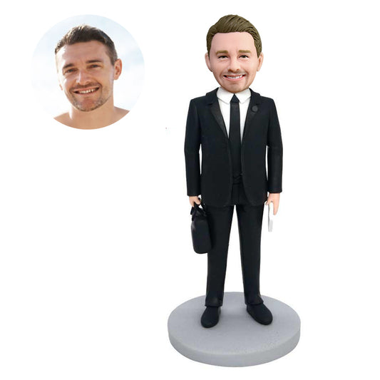 custom professional male lawyer bobbleheads in black suit carrying a briefcase