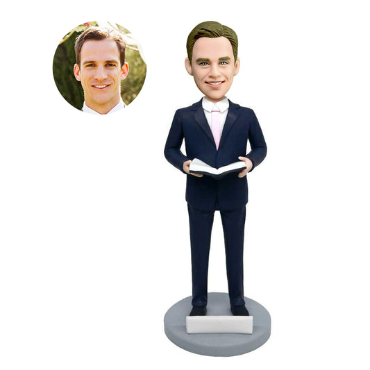 custom male teacher bobbleheads in dark blue suit with a book