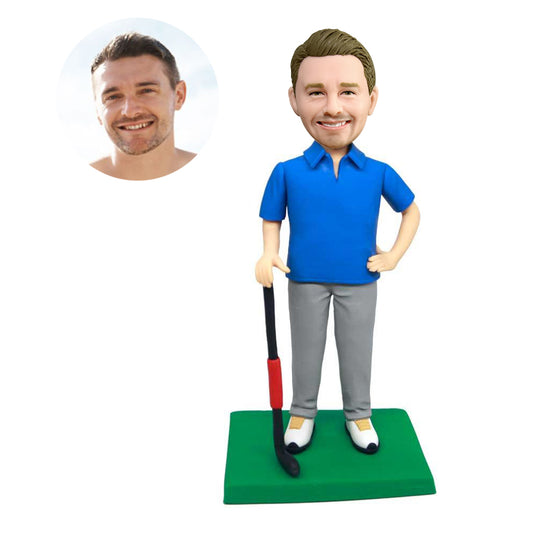 custom male golfer bobbleheads in dark blue tshirt