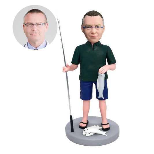 custom male fisherman bobbleheads holding the rod and the fish