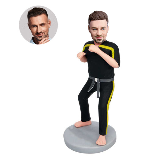 custom male karate bobbleheads in black karate suit