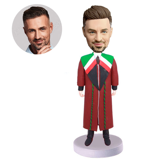 custom happy male graduation bobbleheads in dark red gown