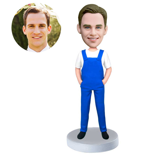 custom male bobbleheads in blue overalls