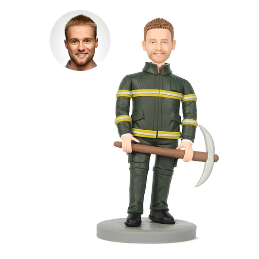 Fireman Holding Tools Custom Bobblehead With Engraved Text