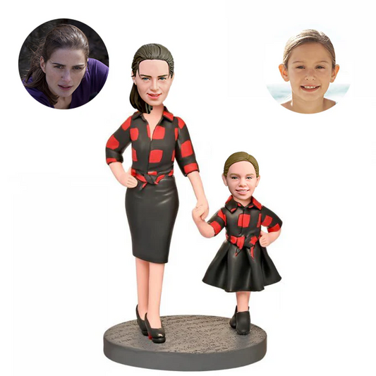 Mother And Daughter In Plaid Custom Bobblehead With Engraved Text