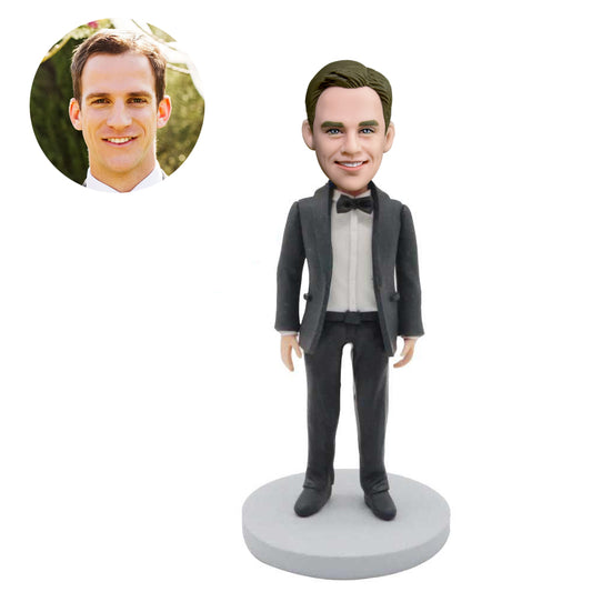 custom handsome male groomsmen wedding bobbleheads in black suit